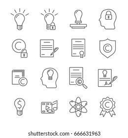 Set of intellectual property Related Vector Line Icons. Contains such icon as  thinking, creative, documents, intelligence, invention, patent, idea