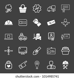 set of intelligence, bag, discount, truck, diploma, helmet, safe, hand, ticket, direction, laptop, car, cargo, bookmark, website, business, screen, shovel, basket, lock, point, repair vector icon