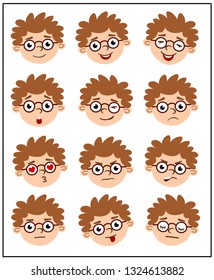 Set of intelligent boys faces in glasses with different emotions isolated on white background.