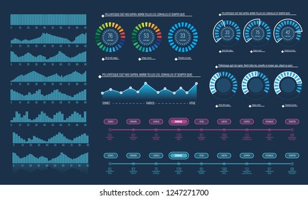 Set of Intelligent technology hud interface. Network management data screen with different chart and diagram. Illustrated vector.