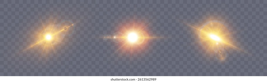 Set of intense golden light flares with lens reflections on transparent background. Perfect for sunlight overlays, photo highlights, realistic lens effects, or cinematic visuals.

