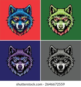 Conjunto de ilustrações de vetor de cabeça de lobo intenso, projeto de mascote animal detalhado com variações de cor para impressão de camiseta
