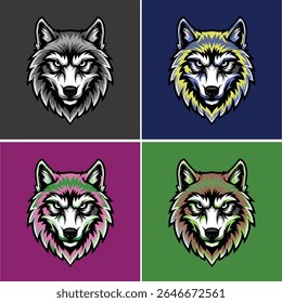 Conjunto de ilustrações de vetor de cabeça de lobo intenso, projeto de mascote animal detalhado com variações de cor para impressão de camiseta