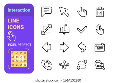 Set von Interaktionslinien-Symbolen mit perfekter Pixelgrafik für die Vektorillustration. Linker und rechter Pfeil-Briefkasten haben Schilderbenachrichtigung und Lupe Glas flachen Stil getan. Wechselseitiges Wirkungs- oder Einflusskonzept