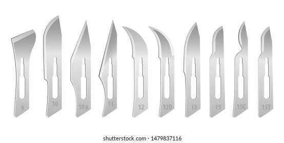 Set of interchangeable blades for a surgical scalpel. Standard set of blades for removable handle number 3. Tools on a white background. Vector illustration