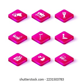 Set Intercom, Hearing aid, Patient with broken leg, Walking stick cane, Disabled car, Prosthesis,  and Man without legs sitting wheelchair icon. Vector