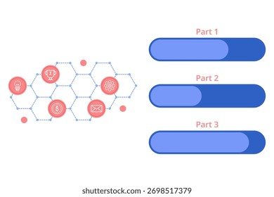 Set of interconnected elements on left side, featuring icons representing concepts like innovation, achievement, and communication