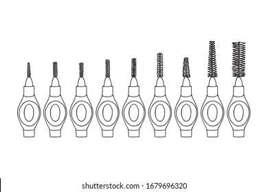 Stellen Sie die Zahnbürste für die Kieferorthopädie ein. Rohrreiniger Dentalprodukt persönliche Mundhygiene zu Hause im Badezimmer. Vektorillustration einzeln flach doodle realistische Zeichnung mit schwarz umrissenem weißem Hintergrund Symbol.