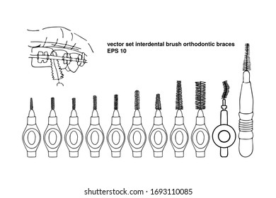 Set interdental brush orthodontic braces. Pipe-cleaner dental product personal oral hygiene at home in bathroom. Vector isolated flat doodle realistic drawing with black outline white background icon.