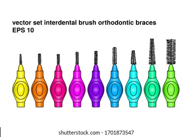 Set interdental brush orthodontic braces. Pipe-cleaner dental product personal oral hygiene home bathroom. Color vector isolated flat doodle realistic drawing with black outline white background icon.