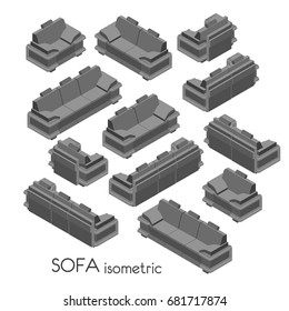 A set of interesting sofas for the living room with headrests. In gray on a white background. 3 D view isometric