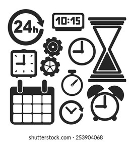 Set of interface clock and web and mobile logo icons isolated on white. Vector symbols.