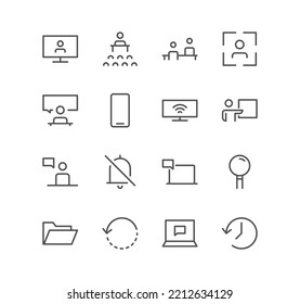 Set of interface and communication icons, search, meeting, presentation, phone, alert, time, mail and linear variety vectors.
