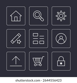 Set of Interface Icons Home, Search, Settings, Edit, Menu, User, Upload, Cart, Lock.