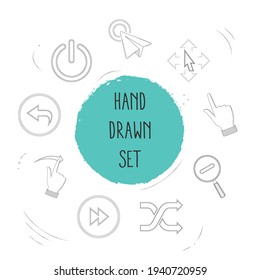 Set of interface icons line style symbols with hand cursor, shuffle sign, return sign icons for your web mobile app logo design.
