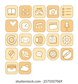Set of interface icons, settings, clock, calendar, calculator, mail, messages, music, camera, notes, messengers, etc. in beige tones in vintage hand drawn style.