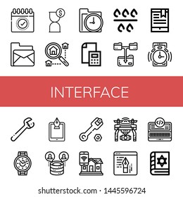 Set of interface icons such as Calendar, Email, Hourglass, Searching, Time, Calculator, Filter, Download file, Bookmark, Alarm, Wrench, Wristwatch, Fountain pen, Server , interface