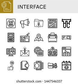 Set of interface icons such as Page, Digital clock, Audio, Folder, Bingo, Filter, Calculator, Website design, Navigator, Car battery, Projector, Server, Envelope, Binary code , interface