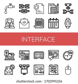 Set of interface icons. Such as Tap, Car seat, Link, Mail, Page, Calendar, Calculator, Schedule, Wristwatch, Smart home, Spam, Local network, Digital clock, Blog , interface icons