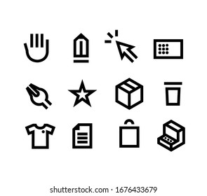 Set of interface (internet) icons in outline style isolated on white. Hand and star, box and shopping symbols