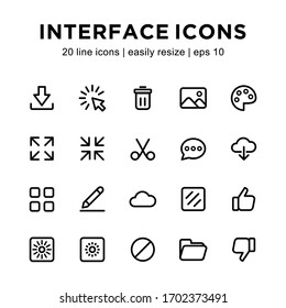 Set of interface line icons, contains icons such as download icon, cursor, delete, theme, cloud, thumb and more on a white background.
