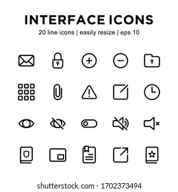 Set of interface line icons, contains icons such as message icons, padlocks, files, applications, warnings and more on a white background.