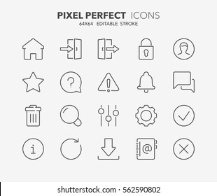 Set of interface line icons. Contains icons as settings, log in, user, search, download and more. Editable stroke. 64x64 Pixel Perfect.