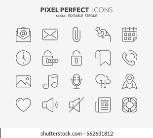 Set of interface line icons. Contains icons as email, help, news, call phone, location and more. Editable stroke. 64x64 Pixel Perfect.