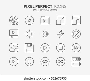 Conjunto de iconos de línea de interfaz. Contiene iconos como películas, botones ui, cd, switch, batería y más. Trazo editable. 64x64 Pixel Perfecto.