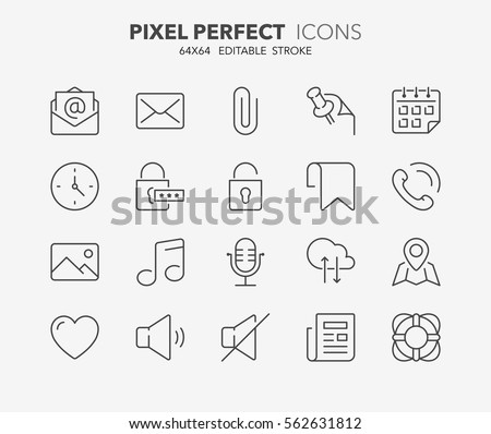 Set of interface line icons. Contains icons as email, help, news, call phone, location and more. Editable stroke. 64x64 Pixel Perfect.