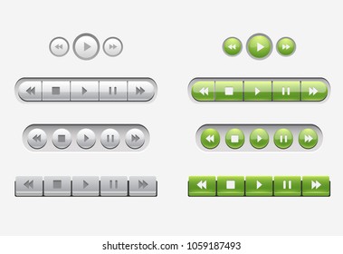 Set of interface navigation buttons, media buttons in white and green color