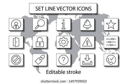 Set of Interface Related Vector Line Icons. Contains such Icons as User, Search, Info, Star, Bell, Door, Settings, Lock, Alert, Gear and more. Editable Stroke. 32x32 Pixel Perfect