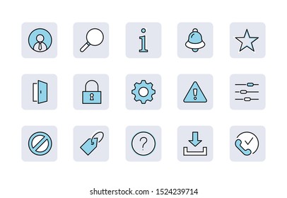 Set of Interface Related Vector Line Icons. Contains such Icons as User, Search, Info, Star, Bell, Door, Settings, Lock, Alert, Gear and more. Editable Stroke. 32x32 Pixel Perfect