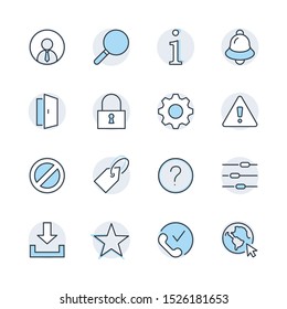 Set of Interface Related Vector Line Icons. Contains such Icons as User, Search, Info, Star, Bell, Door, Settings, Lock, Alert, Gear and more. Editable Stroke. 32x32 Pixel Perfect