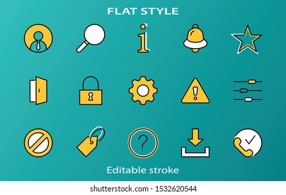 Set of Interface Related Vector Line Icons. Contains such Icons as User, Search, Info, Star, Bell, Door, Settings, Lock, Alert, Gear and more. Editable Stroke. 32x32 Pixel Perfect