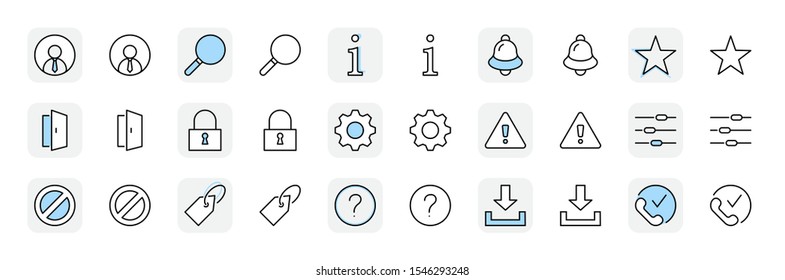 Set of Interface Related Vector Line Icons. Contains such Icons as User, Search, Info, Star, Bell, Door, Settings, Lock, Alert, Gear and more. Editable Stroke. 32x32 Pixel Perfect