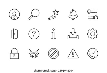 Set of Interface Related Vector Line Icons. Contains such Icons as User, Search, Info, Star, Bell, Door, Settings, Lock, Alert, Gear and more. Editable Stroke. 32x32 Pixel Perfect