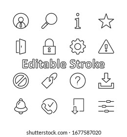 Set von Vektorillustration-Symbolen für Schnittstellenbezogene Elemente. Enthält Symbole wie Benutzer, Suche, Info, Star, Glocke, Tür, Einstellungen, Sperren, Warnung, Getriebe und mehr. Bearbeitbarer Stroke. 32 x 32 Pixel