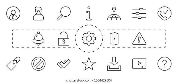 Set of Interface Related Vector Line Icons. Contains such Icons as User, Search, Info, Star, Bell, Door, Settings, Lock, Alert, Gear and more. Editable Stroke. 32x32 Pixels