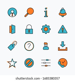 Set of Interface Related Vector Line Icons. Contains such Icons as User, Search, Info, Star, Bell, Door, Settings, Lock, Alert, Gear and more. Editable Stroke. 32x32 Pixel Perfect