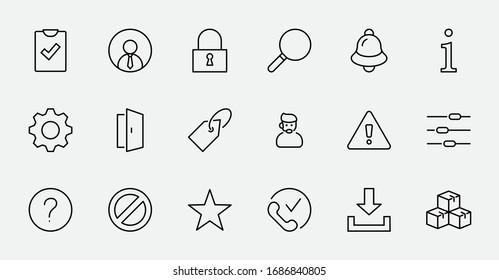 Set of Interface Related Vector Line Icons. Contains such Icons as User, Search, Info, Star, Bell, Door, Settings, Lock, Alert, Gear and more. Editable Stroke. 32x32 Pixels