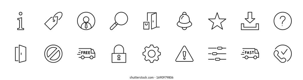 Set of Interface Related Vector Line Icons. Contains such Icons as User, Search, Info, Star, Bell, Door, Settings, Lock, Alert, Gear and more. Editable Stroke. 32x32 Pixels