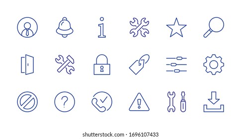 Set von Vektorillustration-Symbolen für Schnittstellenbezogene Elemente. Enthält Symbole wie Benutzer, Suche, Info, Star, Glocke, Tür, Einstellungen, Sperren, Warnung, Getriebe und mehr. Bearbeitbarer Stroke. 32 x 32 Pixel