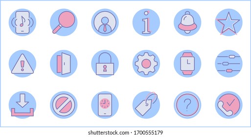 Set of Interface Related Vector Line Icons. Contains such Icons as User, Search, Info, Star, Bell, Door, Settings, Lock, Alert, Gear and more. Editable Stroke. 32x32 Pixel Perfect