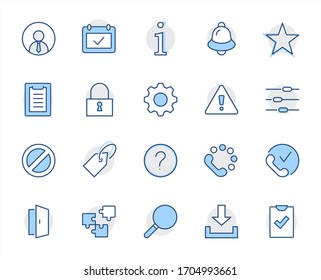 Set of Interface Related Vector Line Icons. Contains such Icons as User, Search, Info, Star, Bell, Door, Settings, Lock, Alert, Gear and more. Editable Stroke. 32x32 Pixel Perfect