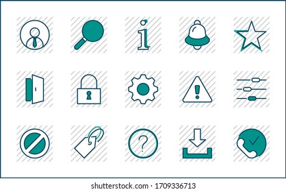 Set of Interface Related Vector Line Icons. Contains such Icons as User, Search, Info, Star, Bell, Door, Settings, Lock, Alert, Gear and more. Editable Stroke. 32x32 Pixel Perfect