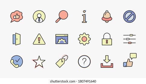 Set of Interface Related Vector Line Icons. Contains such Icons as User, Search, Info, Star, Bell, Door, Settings, Lock, Alert, Gear and more. Editable Stroke. 32x32 Pixel Perfect