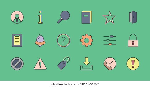 Set of Interface Related Vector Line Icons. Contains such Icons as User, Search, Info, Star, Bell, Door, Settings, Lock, Alert, Gear and more. Editable Stroke. 32x32 Pixel Perfect