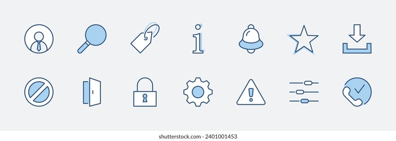 Set of Interface Related Vector Line Icons. Contains such Icons as User, Search, Info, Star, Bell, Door, Settings, Lock, Alert, Gear and more. Editable Stroke. 32x32 Pixel Perfect