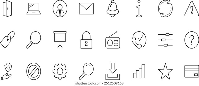 Conjunto de ícones de linha de vetor relacionados à interface. Contém ícones como usuário, pesquisa, informações, estrela, campainha, porta, configurações, bloqueio, alerta, engrenagem e muito mais. Traço editável. 32x32 pixels